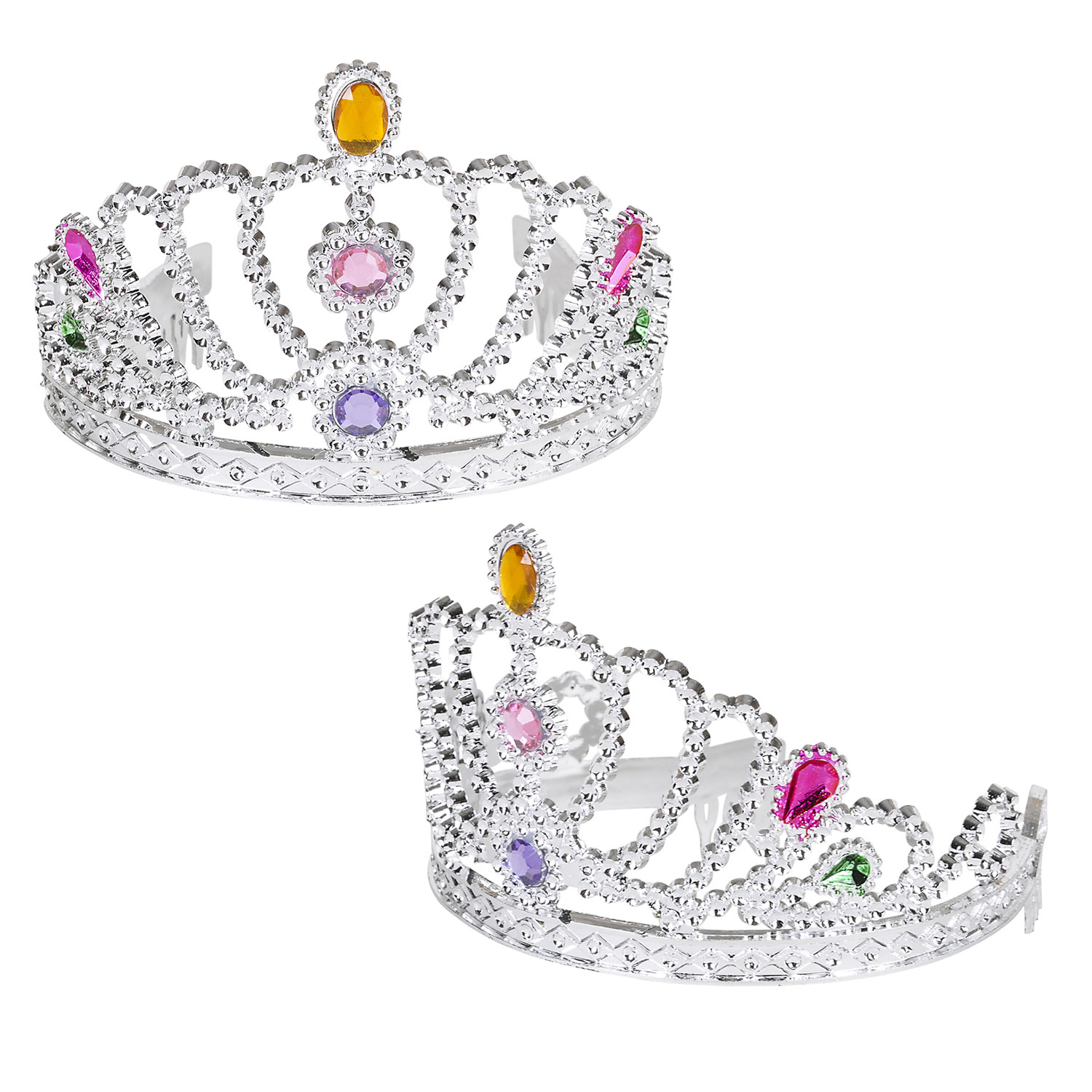 Pink-Silver Jeweled Tiara Party Favor - Pack of 12 Plastic Crowns
