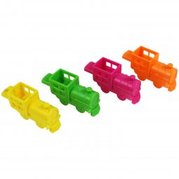Neon Train Shaped Whistles - 12 Count