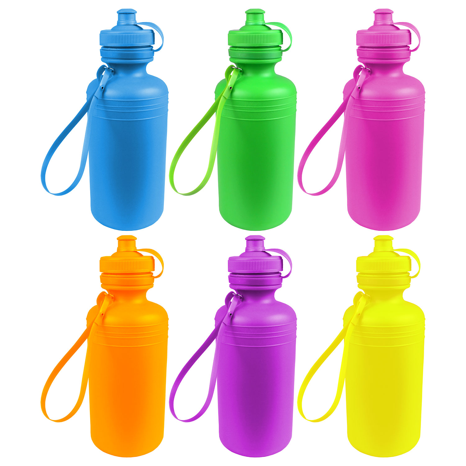 12 Kids Water Bottles Bulk Pack, Summer Beach Accessory | Holds 18 Ounces,  6 Different Neon Colors With Wrist Strap (12 Pack)