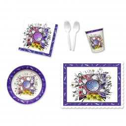 Smash Bowl Party Place Setting Kit - 7 Inch Plates with Placemats and Sporks